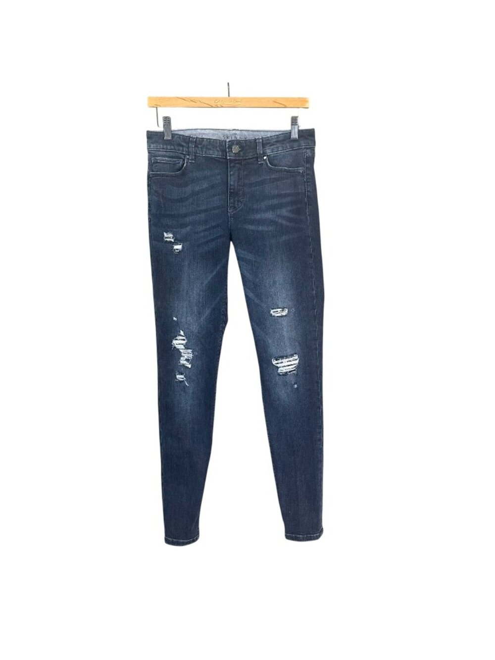 WHBM Dark Wash Distressed Sequin Skinny Mid Rise Jeans 4